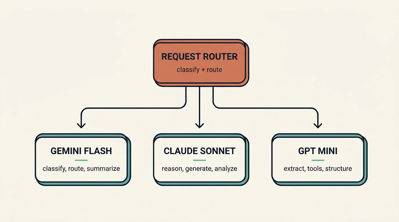 A request router classifies each request by complexity, task type, and latency, then dispatches to one of three models: Gemini 3.5 Flash for classify/route/summarize, Claude Sonnet for reason/generate/analyze, and GPT-4.1 Mini for extract/tools/structure
