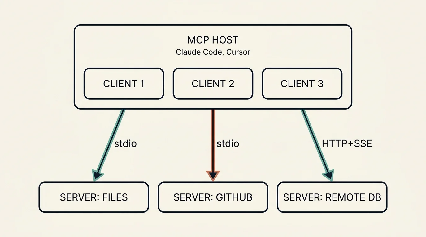MCP architecture: a single host (Claude Code, Cursor) runs three clients, each connected over a transport (stdio or HTTP+SSE) to a dedicated MCP server for filesystem, GitHub, and remote database access