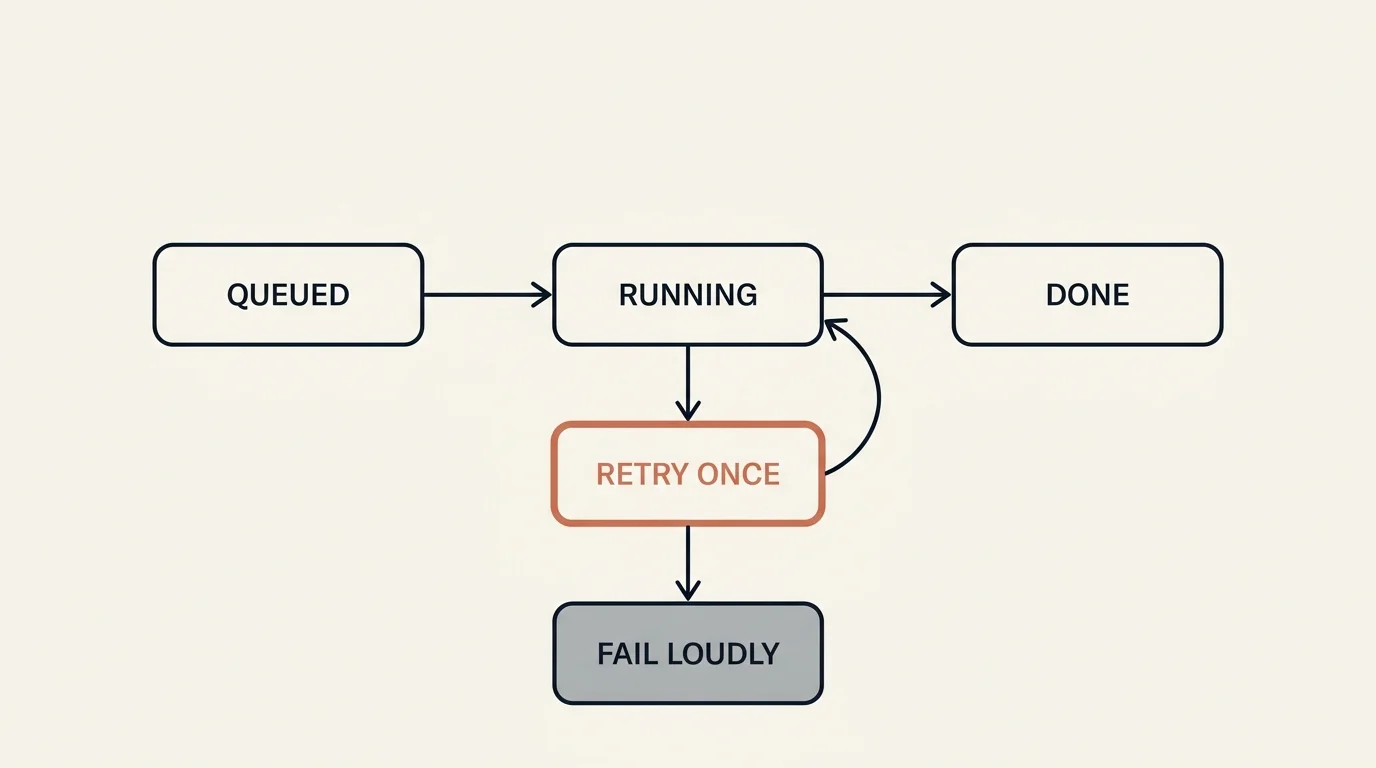 A retry-once-then-fail-loudly state machine