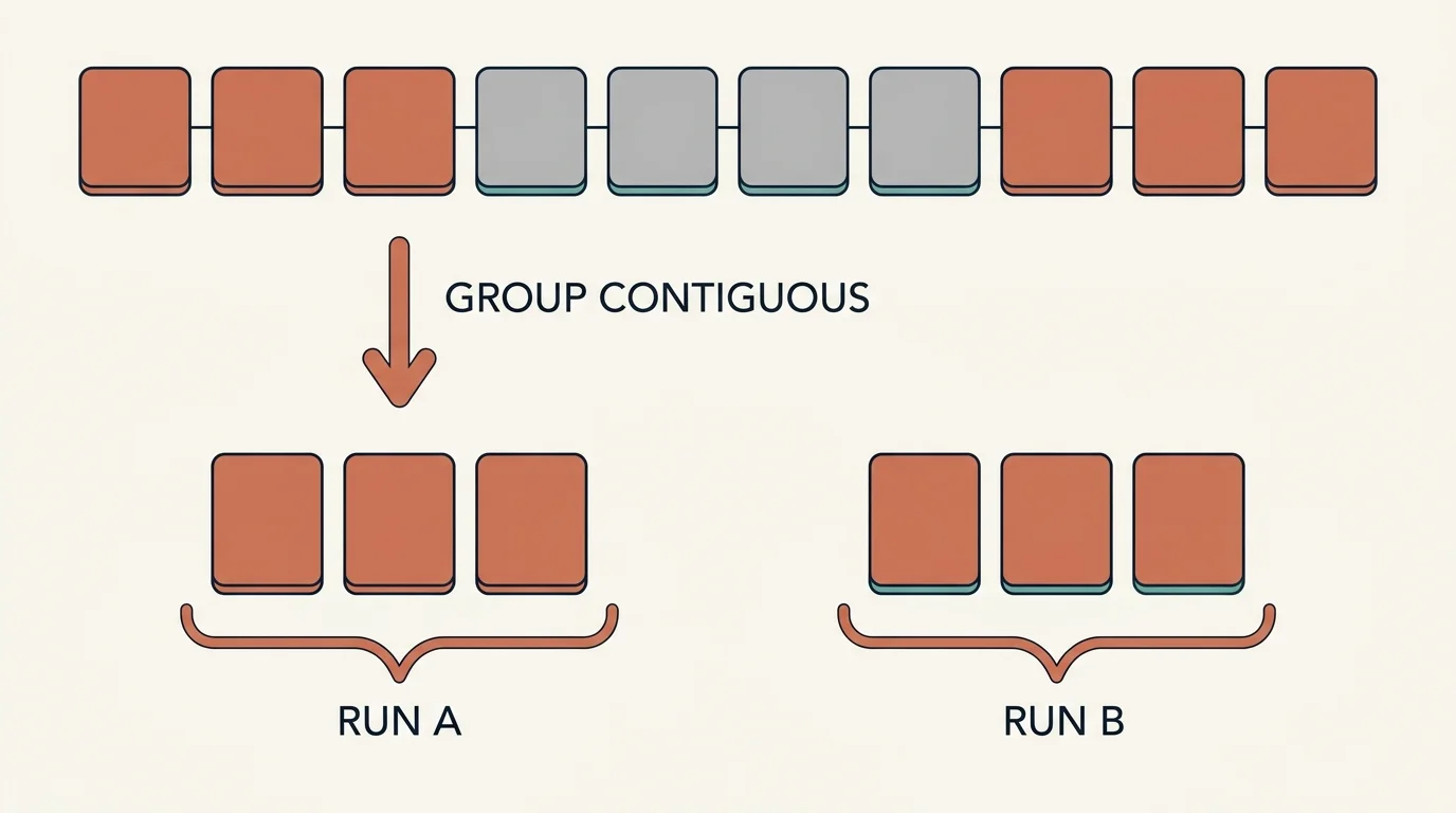 Filter by category, then group into contiguous runs